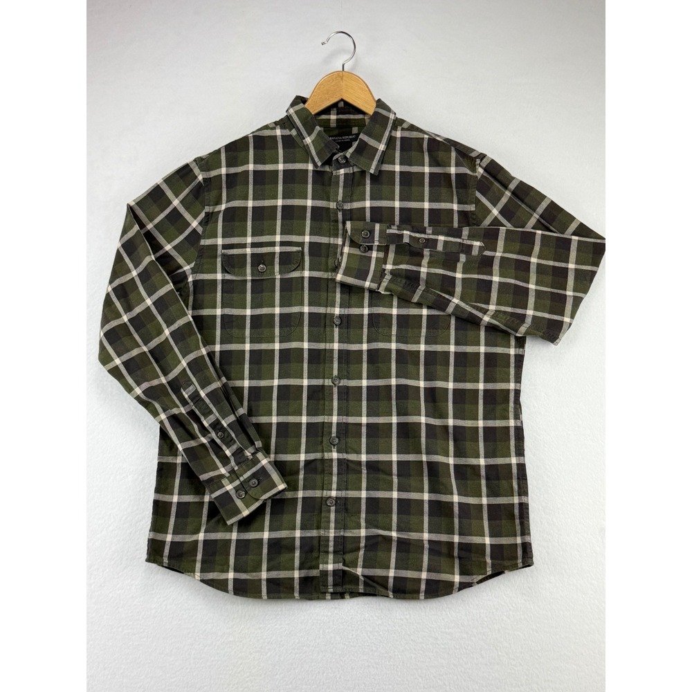 Banana‎ Republic Luxe Flannel Shirt Mens Large Untucked Slim Fit Green Plaid